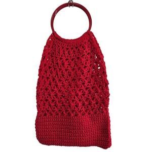 Vintage Woven Knit Purse Red Long Retro Crochet Bag Circle Handle Boho 13"x24"